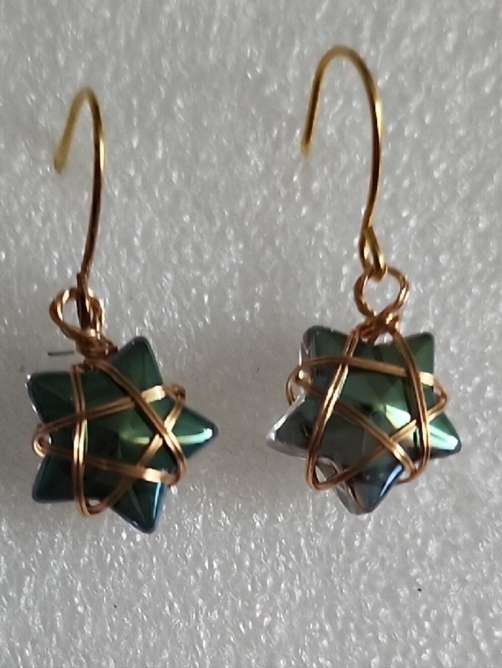 Hand Crafted Gold-Wrapped Iridescent Green Star Earrings